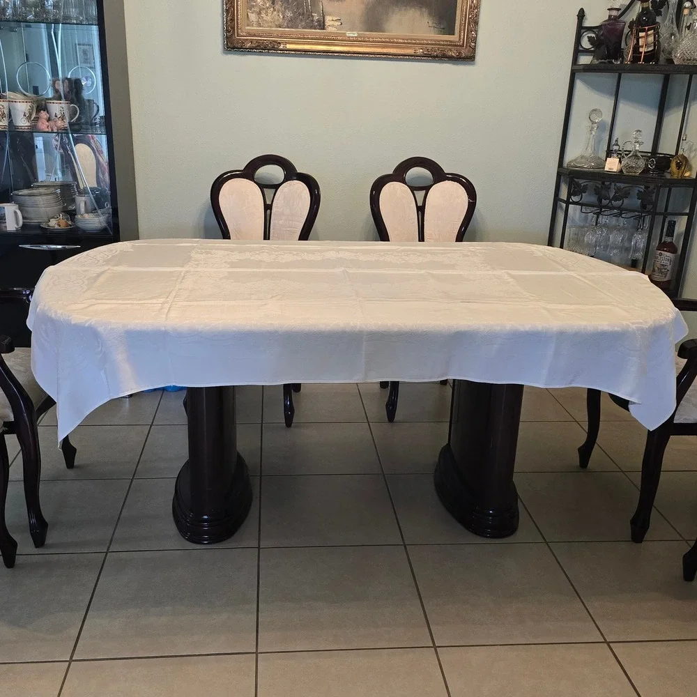 VTG White Damask Floral Rose Scroll Rectangular Tablecloth 76x56 Classic Dining